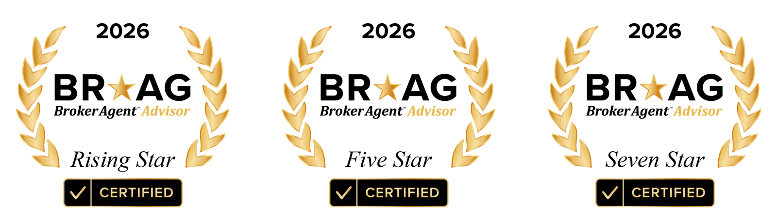 2026 Broker Agent Advisor certification badges: Rising Star, Five Star and Seven Star