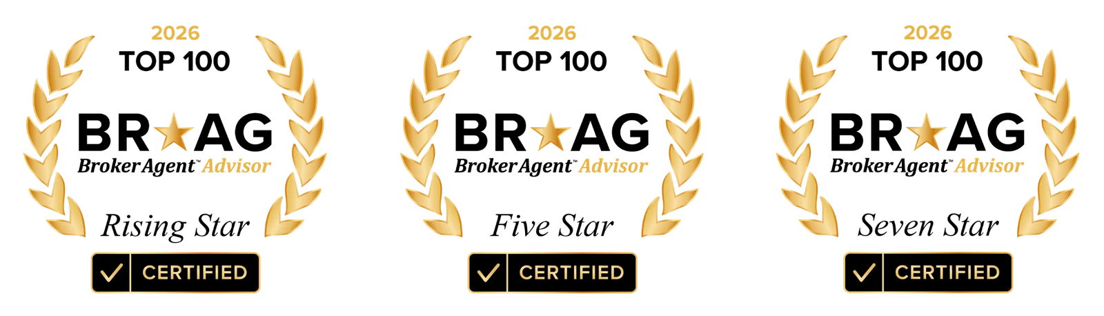2026 Broker Agent Advisor Top 100 certification badges: Rising Star, Five Star and Seven Star